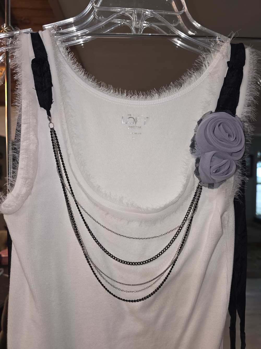 LOFT White WHISPY TRIM with Black Ribbon Detail